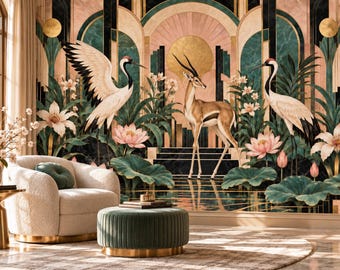 Tapete „Kranich-Gazelle“ in Türkis, Gold Art Deco Maximalismus, Akzentwand, selbstklebend