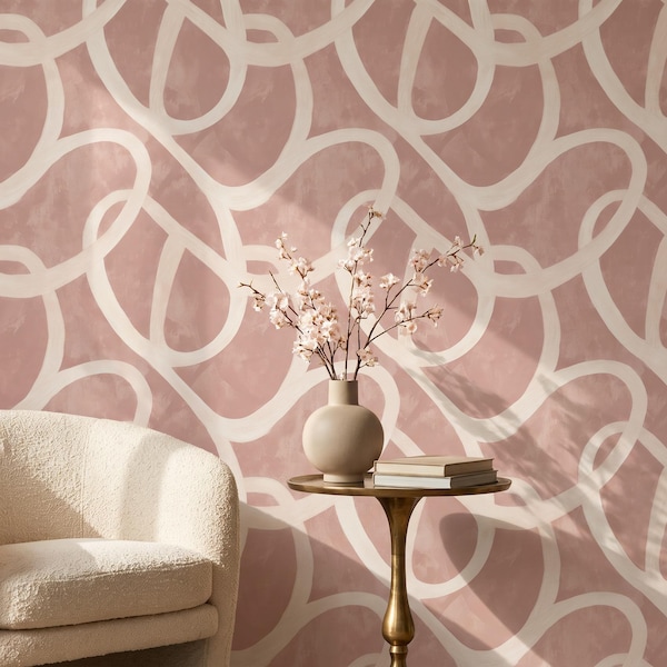 Abstract Swirl Wall Mural, Organic Loop Pattern Blush Bedroom Removable, Peel and Stick Wallpaper