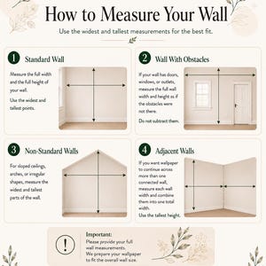 May include: An instructional infographic titled How to Measure Your Wall by WalliqueAtelier. It features four numbered sections illustrating measurement techniques for standard walls, walls with obstacles, non-standard walls, and adjacent walls.