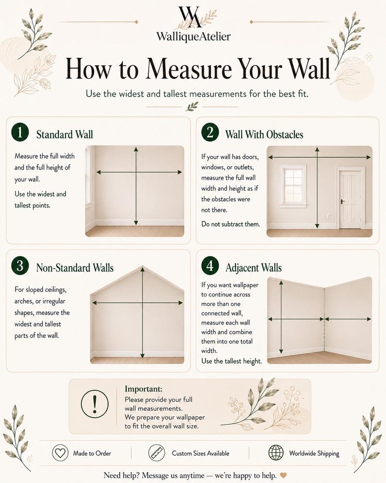 May include: An instructional infographic titled How to Measure Your Wall by WalliqueAtelier. It features four numbered sections illustrating measurement techniques for standard walls, walls with obstacles, non-standard walls, and adjacent walls.