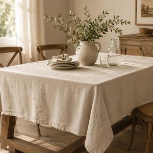 May include: A rectangular beige linen tablecloth draped over a wooden dining table. The table is set with a stack of white ceramic plates, a folded napkin, a clear glass carafe, a glass tumbler, and a ceramic vase filled with green branches.