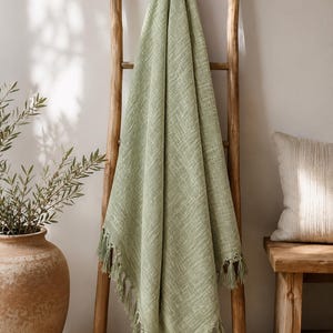 May include: A sage green throw blanket with a textured, woven appearance and knotted fringe detailing along the bottom edge. The fabric features a subtle cross-hatch pattern throughout, creating a consistent, uniform look across the entire surface.