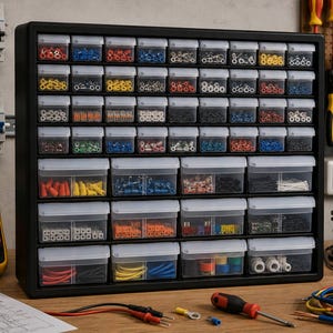 May include: A black plastic storage cabinet featuring numerous clear drawers filled with assorted electrical wire connectors, terminals, and heat shrink tubing in various colors including red, blue, yellow, and black, organized in a grid pattern.