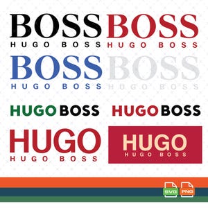Puede incluir: Un diseño gráfico que presenta el logotipo "BOSS HUGO BOSS" en varias combinaciones de colores: negro, rojo, azul, verde y blanco. El logotipo se muestra varias veces con diferentes combinaciones de colores.