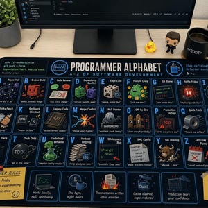 Puede incluir: Alfombrilla de ratón rectangular negra con el "Alfabeto del programador" A-Z del desarrollo de software. La alfombrilla presenta una cuadrícula de términos de programación ilustrados, un patito de goma y el texto "Automate all the things!"