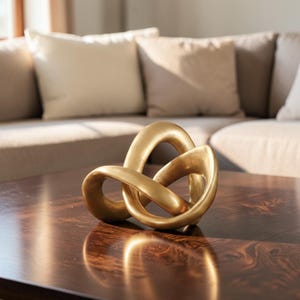 May include: A gold-coloured decorative sculpture featuring a continuous, knotted loop design with a smooth, matte finish. The object is composed of interconnected, rounded forms that create an abstract, three-dimensional shape with open spaces.