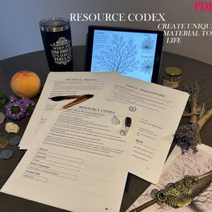 May include: A Resource Codex document set featuring printed pages with text and forms, a tablet displaying a botanical illustration, a black tumbler with white text, a peach, lavender bundles, feathers, small stones, coins, and a small jar.