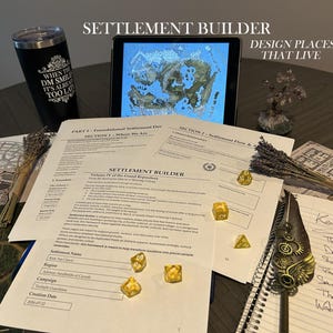 May include: A Settlement Builder tabletop game kit featuring printed worksheets, a tablet displaying a fantasy map, a black tumbler with white text, yellow polyhedral dice, a decorative feather pen, and dried lavender bundles on a dark surface.