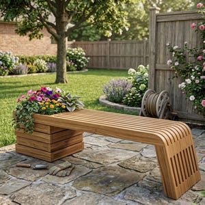 May include: A light brown wooden bench with a slatted design and a built-in square planter box on one end. The planter is filled with a variety of colorful flowers including pink, purple, and yellow blooms with green foliage and trailing vines.