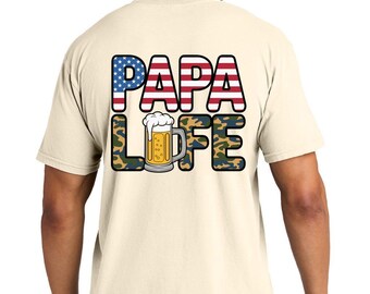 Papa Life Patriotic Beer Graphic Tee, Camo American Flag Dad Shirt
