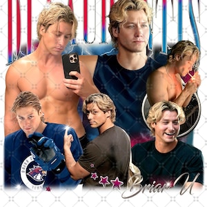 Può includere: Un collage con più immagini di un uomo con i capelli biondi. Le immagini includono il testo "De Laurentis" e "Briar U". L'uomo indossa vari abiti, tra cui una canotta blu scuro e una maglia da hockey.