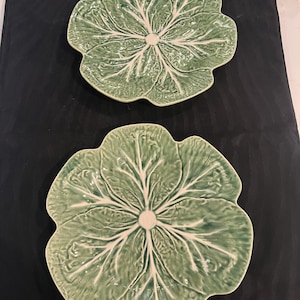 May include: Two ceramic plates shaped like green cabbage leaves. Each plate features a textured surface with raised, white-colored veins radiating from the center to the scalloped edges, mimicking the natural appearance of a leafy vegetable.
