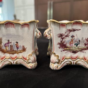 Pair Antique French Old Paris Hand Painted Porcelain Cachepots | Rococo Planters | Children Genre Scenes | Gilt Decor | Circa 1855–1875