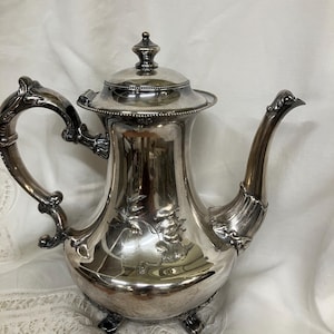 Antique Wilcox Silver Plate Coffee Pot Quadruple Plate Victorian Floral Footed Teapot c. 1880s