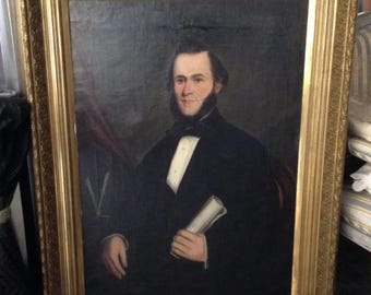 Antique American Primitive Portrait Painting c.1850–1865 | Folk Art Gentleman Oil on Canvas | Civil War Era Decor