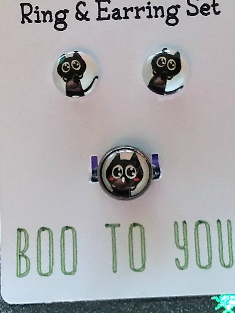Ring and earring matching set Halloween black cat adjustable ring base earring studs