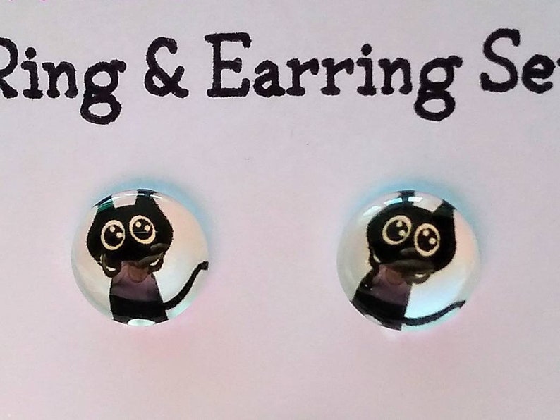 Ring and earring matching set Halloween black cat adjustable ring base earring studs