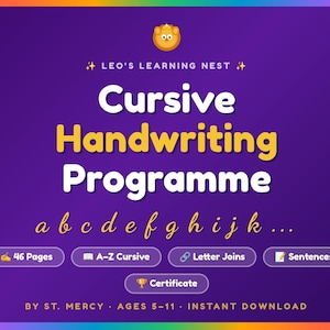 May include: A purple graphic with the text "Cursive Handwriting Programme" in white and yellow. The image includes the alphabet in cursive, icons for 46 pages, A-Z cursive, letter joins, sentences, and a certificate.