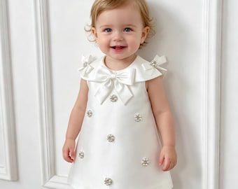 Baby Girl White Christening Dress, Toddler Baptism Dress, White Bow Dress, First Birthday Outfit, Flower Girl Dress, Baby Shower Gift