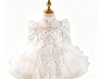 Luxury White Flower Girl Dress, Sparkly Princess Dress for Girls, Pageant Dress, Wedding Party Dress, Toddler Formal Gown, Birthday Outfit