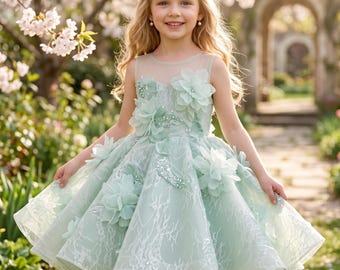 Mint Green Flower Girl , 3D Floral Princess  for Girls, Toddler Birthday Party , Puffy Tulle , Wedding Flower Girl Gown, Photoshoot Outfit