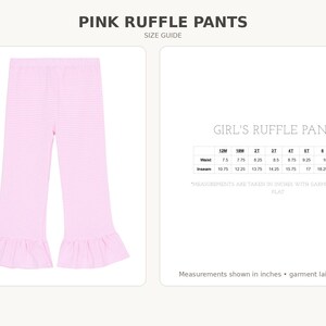 K&ouml;nnte beinhalten: Rosa-wei&szlig; gestreifte Hose mit ger&uuml;schten S&auml;umen. Das Bild enth&auml;lt eine Gr&ouml;&szlig;entabelle mit dem Titel PINK RUFFLE PANTS, die Taillen- und Innenbeinma&szlig;e in Zoll f&uuml;r die Gr&ouml;&szlig;en 12M bis 6 auflistet, gemessen bei flach ausgelegtem Kleidungsst&uuml;ck.