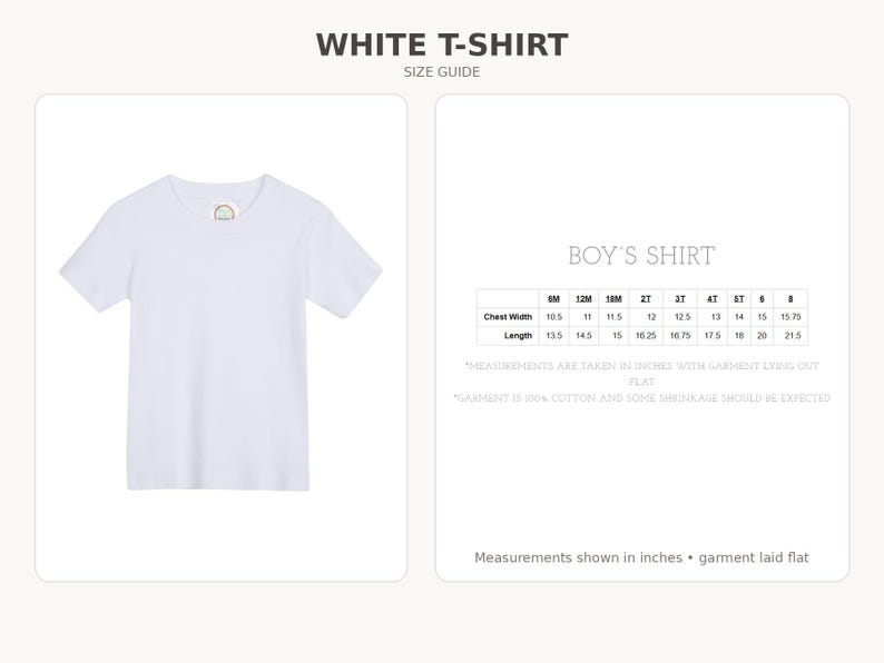 K&ouml;nnte beinhalten: Ein schlichtes wei&szlig;es Kurzarm-T-Shirt neben einer Gr&ouml;&szlig;entabelle mit der &Uuml;berschrift WHITE T-SHIRT. Die Tabelle listet Brustbreite und L&auml;nge in Zoll f&uuml;r die Gr&ouml;&szlig;en 6M bis 8 auf und gibt an, dass das Kleidungsst&uuml;ck aus 100% Baumwolle flach liegt.