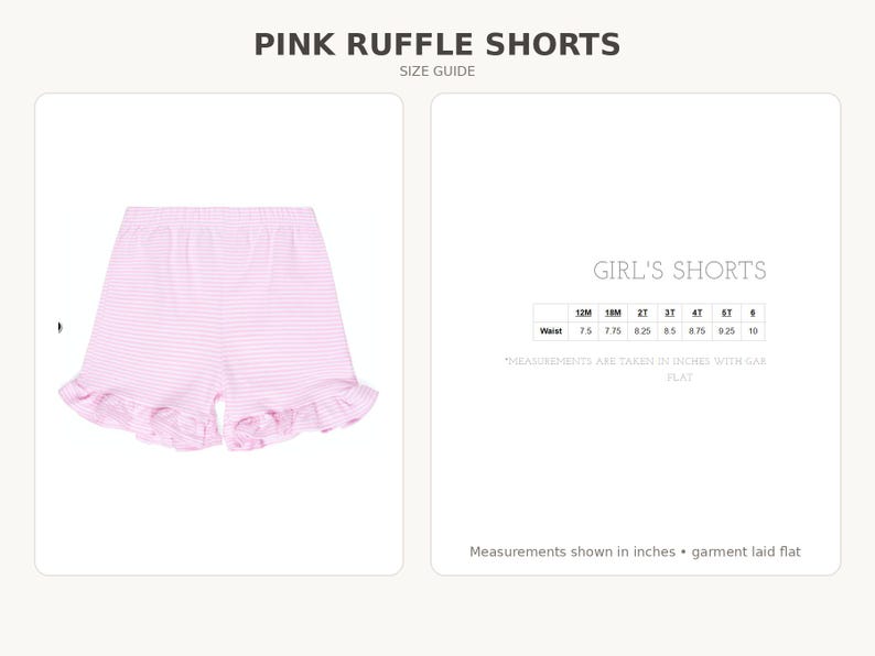 K&ouml;nnte beinhalten: Rosa-wei&szlig; gestreifte Shorts mit ger&uuml;schten S&auml;umen. Der Text lautet PINK RUFFLE SHORTS, SIZE GUIDE, GIRL'S SHORTS, sowie eine Tabelle mit Taillenma&szlig;en von 12M bis 6 in Zoll, mit dem Hinweis, dass die Ma&szlig;e flach liegend genommen wurden.