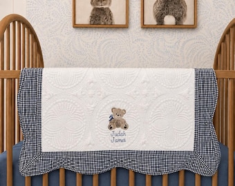 Personalized Baby Quilt, Embroidered Teddy Bear Blanket, Custom Name Baby Quilt, Heirloom Baby Shower Gift, Boy or Girl Nursery