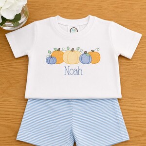 K&ouml;nnte beinhalten: Ein wei&szlig;es Kurzarm-T-Shirt mit einer Stickerei von vier K&uuml;rbissen in Orange-, Gelb- und Blaut&ouml;nen mit gr&uuml;nen Ranken sowie dem Namen Noah in blauer Schrift, kombiniert mit einer hellblau-wei&szlig; horizontal gestreiften Shorts.
