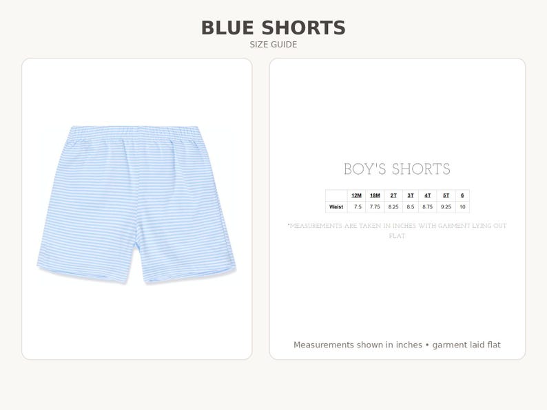 K&ouml;nnte beinhalten: Hellblau-wei&szlig; gestreifte Shorts mit elastischem Bund. Das Bild enth&auml;lt eine Gr&ouml;&szlig;entabelle mit dem Text BLUE SHORTS, SIZE GUIDE, BOY'S SHORTS und einer Tabelle, die Taillenma&szlig;e in Zoll von 12M bis 6 f&uuml;r flach ausgelegte Kleidungsst&uuml;cke auflistet.