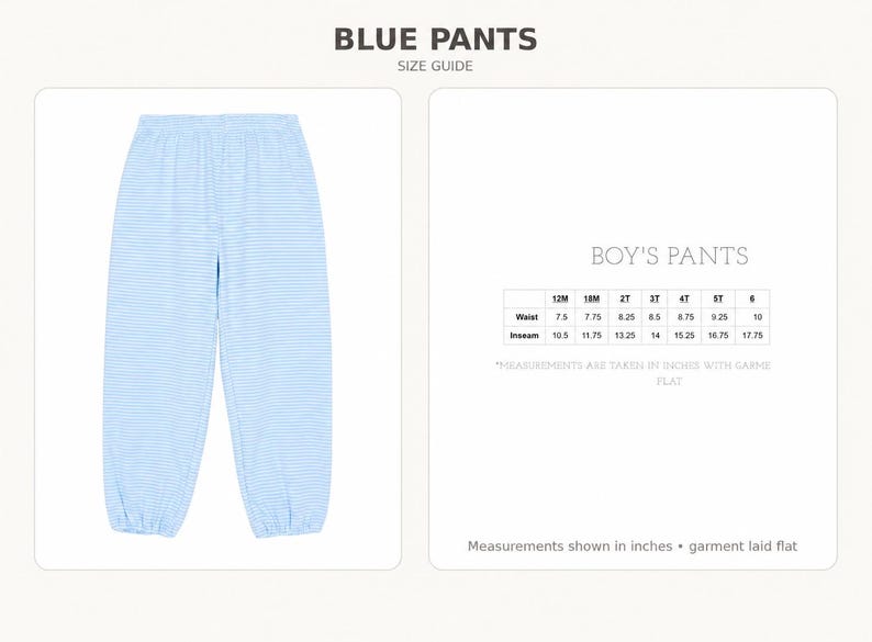 K&ouml;nnte beinhalten: Hellblau-wei&szlig; gestreifte Hose mit elastischem Bund und B&uuml;ndchen an den Kn&ouml;cheln. Das Bild enth&auml;lt eine Gr&ouml;&szlig;entabelle mit der Aufschrift BLUE PANTS und BOY'S PANTS mit Ma&szlig;en in Zoll f&uuml;r die Gr&ouml;&szlig;en 12M bis 6, gemessen bei flach liegendem Kleidungsst&uuml;ck.