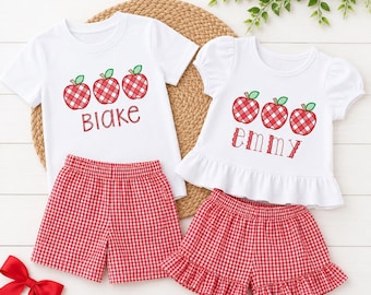 Gepersonaliseerd appelborduurshirt, terug naar school-shirt, appelshirt met aangepaste naam, shirt First Day of School, shirt kleuterschool