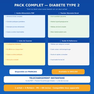 Peut inclure: Un graphique informatif numérique intitulé PACK COMPLET - DIABETE TYPE 2 sur fond bleu. Il présente quatre sections : Guide Alimentaire PDF, Tracker Glycemie Excel, Liste de Courses et Guide IG Reference, détaillant divers outils de suivi santé.