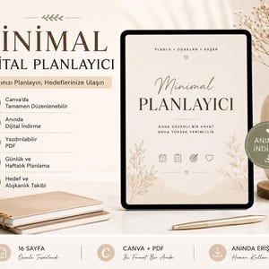 May include: A digital tablet displaying a beige planner interface with the text Minimal Planlayici, Planla Odaklan Basar, and Daha Duzenli Bir Hayat Daha Yuksek Verimlilik. Beside it sits a gold pen and a spiral notebook on a light surface.