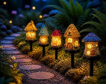Whimsical Fairy House, Solar Garden Stake, Mushroom Path Light, Cottagecore Outdoor Decor, LED Statue Lamp, Backyard Ornament, Nature Gift