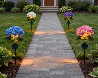 Luminárias solares em formato de flor de hortênsia, iluminação paisagística à prova d'água, decoração multicolorida para jardim, estacas para jardim externo, luminária floral para caminho, presente.