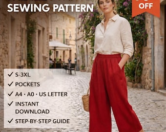 Palazzo Pants Sewing Pattern | Wide Leg, Elastic Waist, Pockets (Digital Download)