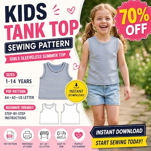 Kids Tank Top Sewing Pattern| Girls Sleeveless Top Pattern | Toddler & Child Summer Shirt | Sizes 1-14Y | A4 A0 us Letter | Instant Download