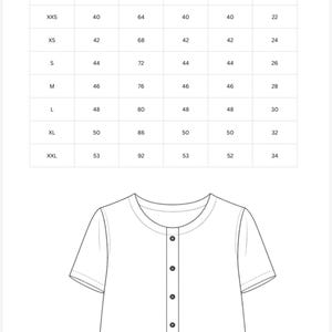 May include: A sewing instruction chart with a table listing sizes from XXS to XXL and corresponding measurements for body length, width, piping, placket, and sleeves, positioned above a line drawing of a short-sleeved button-down shirt.