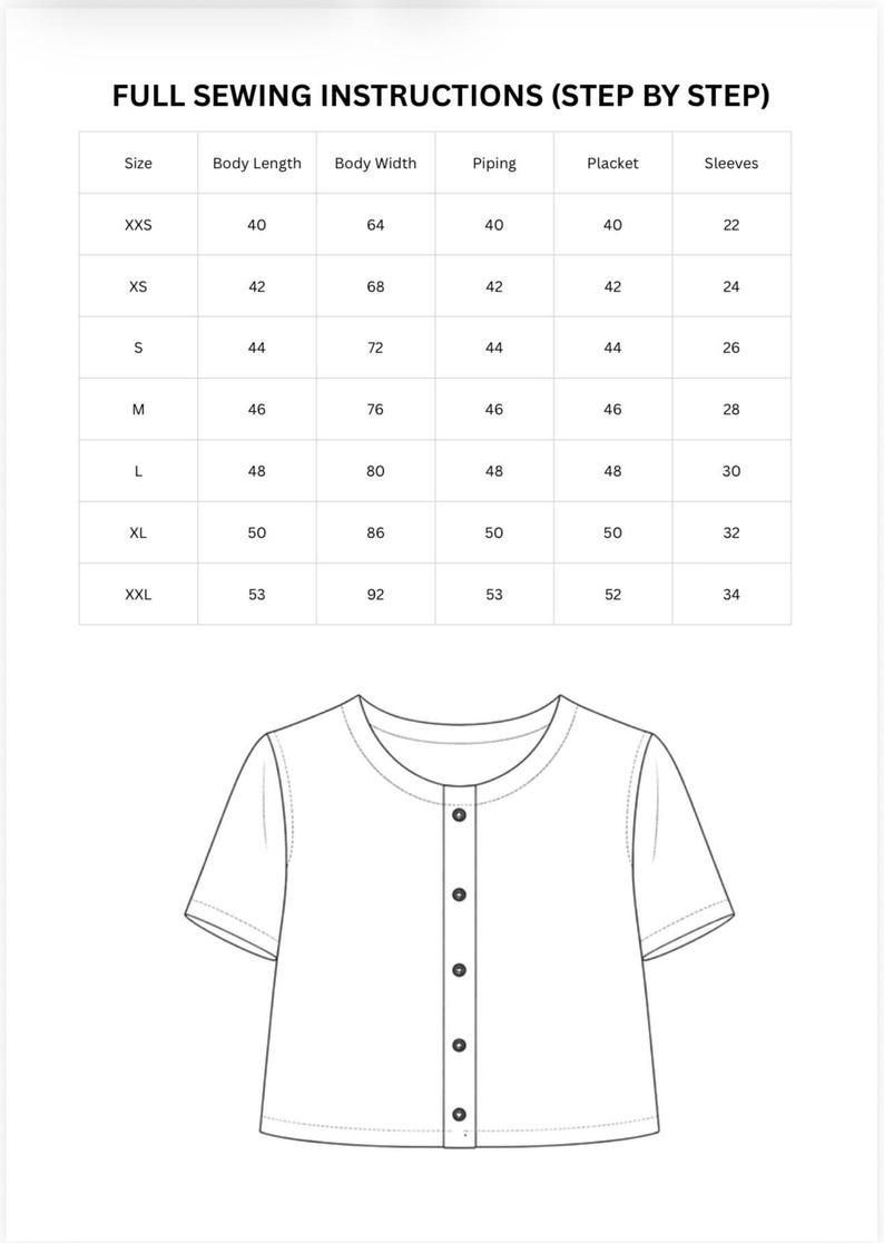 May include: A sewing instruction chart with a table listing sizes from XXS to XXL and corresponding measurements for body length, width, piping, placket, and sleeves, positioned above a line drawing of a short-sleeved button-down shirt.