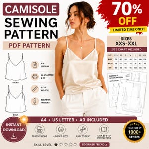 May include: A digital sewing pattern for a camisole, featuring a V-neck design with thin straps. The image displays a beige camisole, a size chart for XXS-XXL, and technical line drawings of the front and back. Includes PDF, A4, US Letter, and A0 formats.