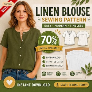 Linen Blouse PDF Sewing Pattern | Women's Summer Top Pattern | Button Down | Digital Sewing Pattern | Printable A4 A0 US Letter | xxs-xxl