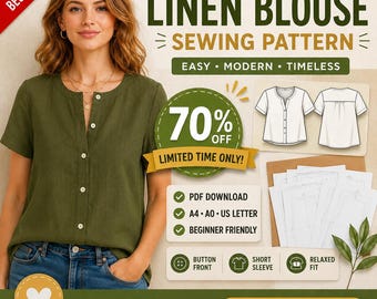 Women's Linen Blouse Sewing Pattern PDF | Summer Button Down Top | Relaxed Fit Shirt Pattern | A4 A0 US Letter | XXS–Xxl | Instant Download