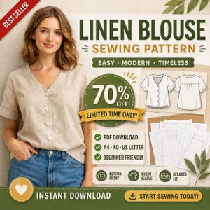 May include: A digital sewing pattern for a beige linen blouse with a V-neck and button-front closure. The image displays the text LINEN BLOUSE SEWING PATTERN, 70% OFF, and PDF DOWNLOAD. It includes technical line drawings of the blouse and paper sheets.