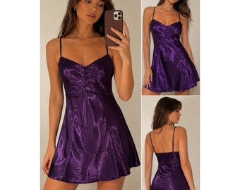 Vintage Victorias Secret Purple Satin Slip Dress Babydoll Lingerie Mini Y2K M
