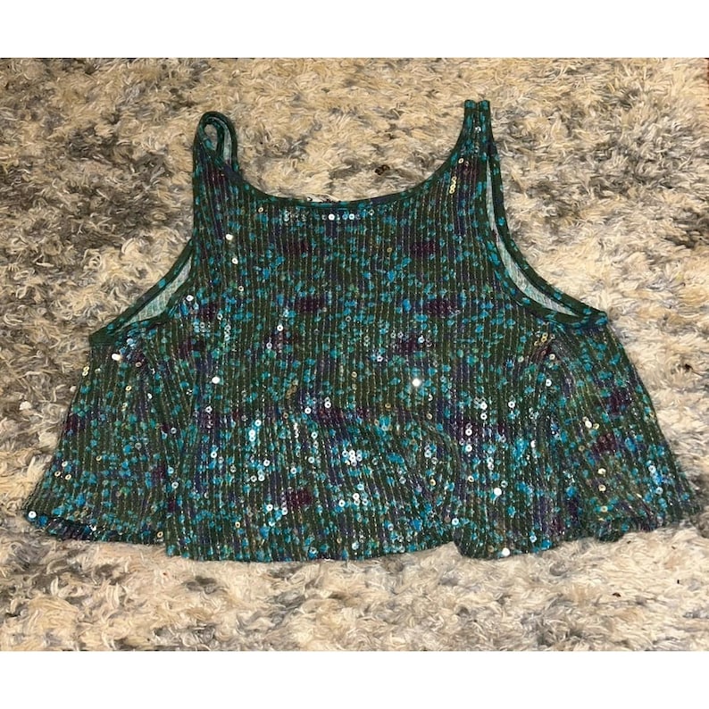 Vintage Free People Womens Oversized S Tank Pailletten Crop Swing Blau Barbiecore Bild 5