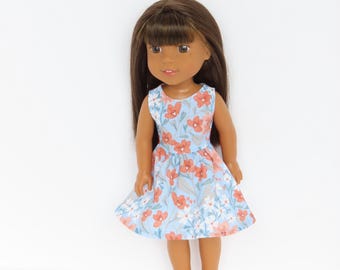 14.5 Inch Doll Cotton Coral Flowers on Blue Dress; Wellie Wishers Clothes