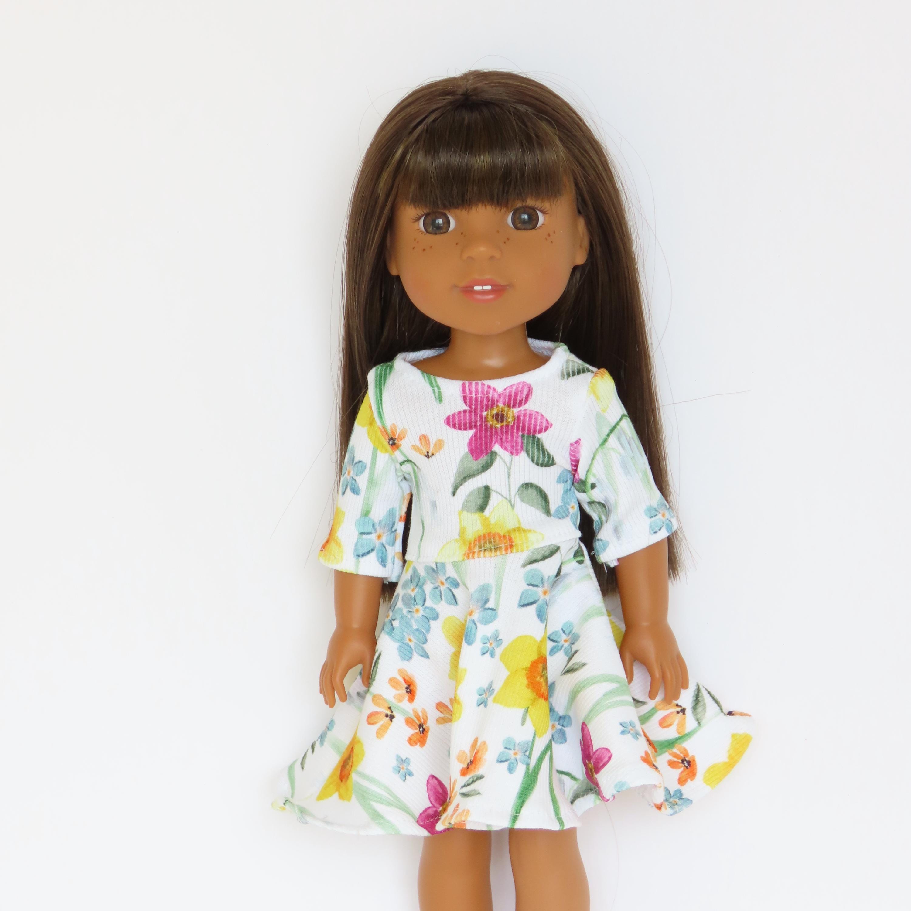 Wellie Wishers Doll Dress: Floral Poly Knit, 3/4 Sleeve