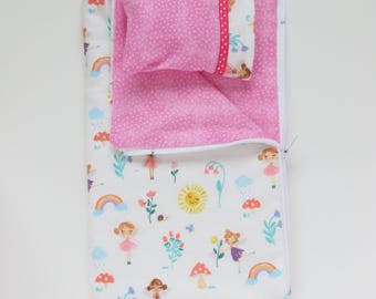 Ballerinas on White Flannel Sleeping Bag, Zippered Bedding and Pillow 14.5 Inch Doll